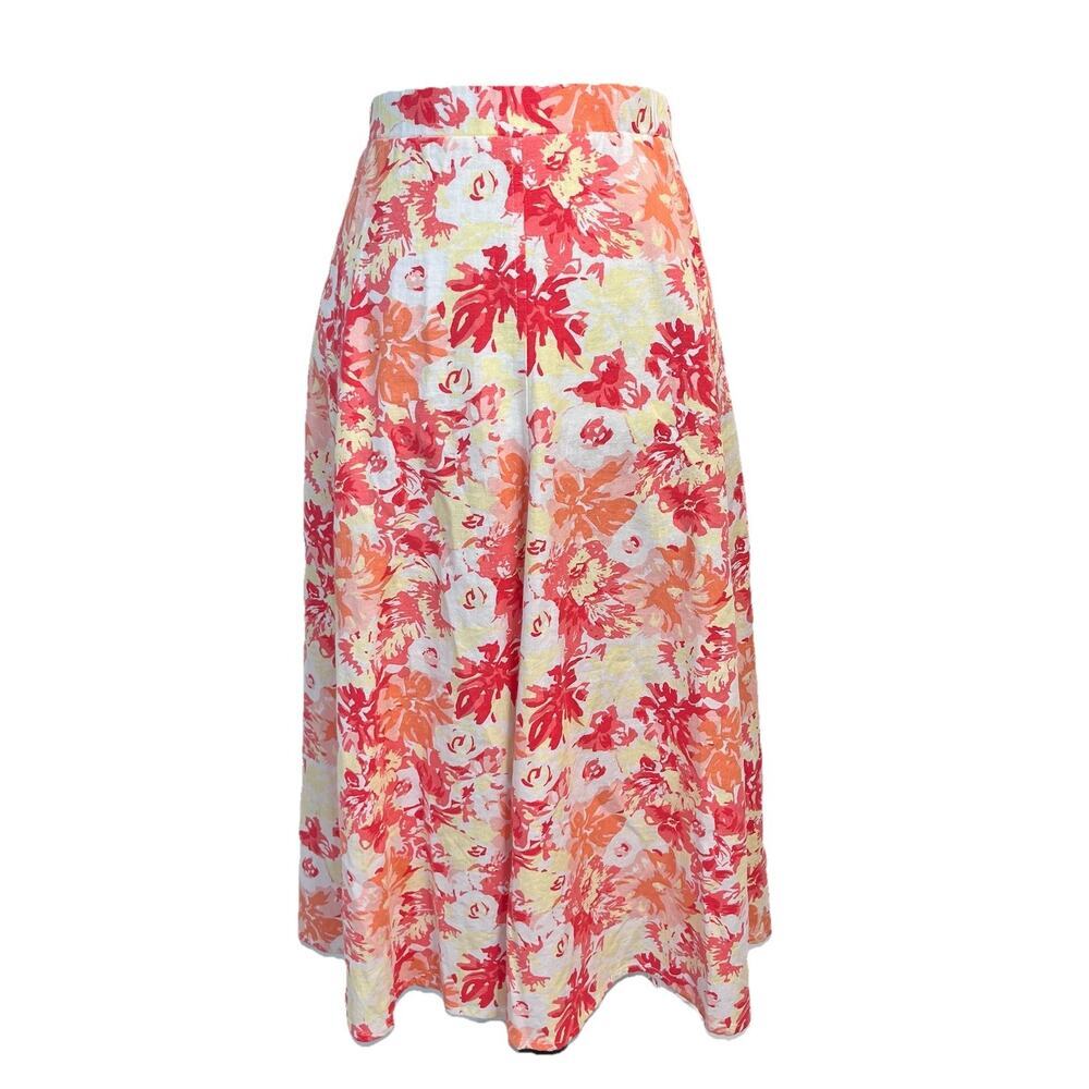 Woman Within Skirt sz 14 16 Medium Pink Orange Coral Floral Linen Midi Pockets